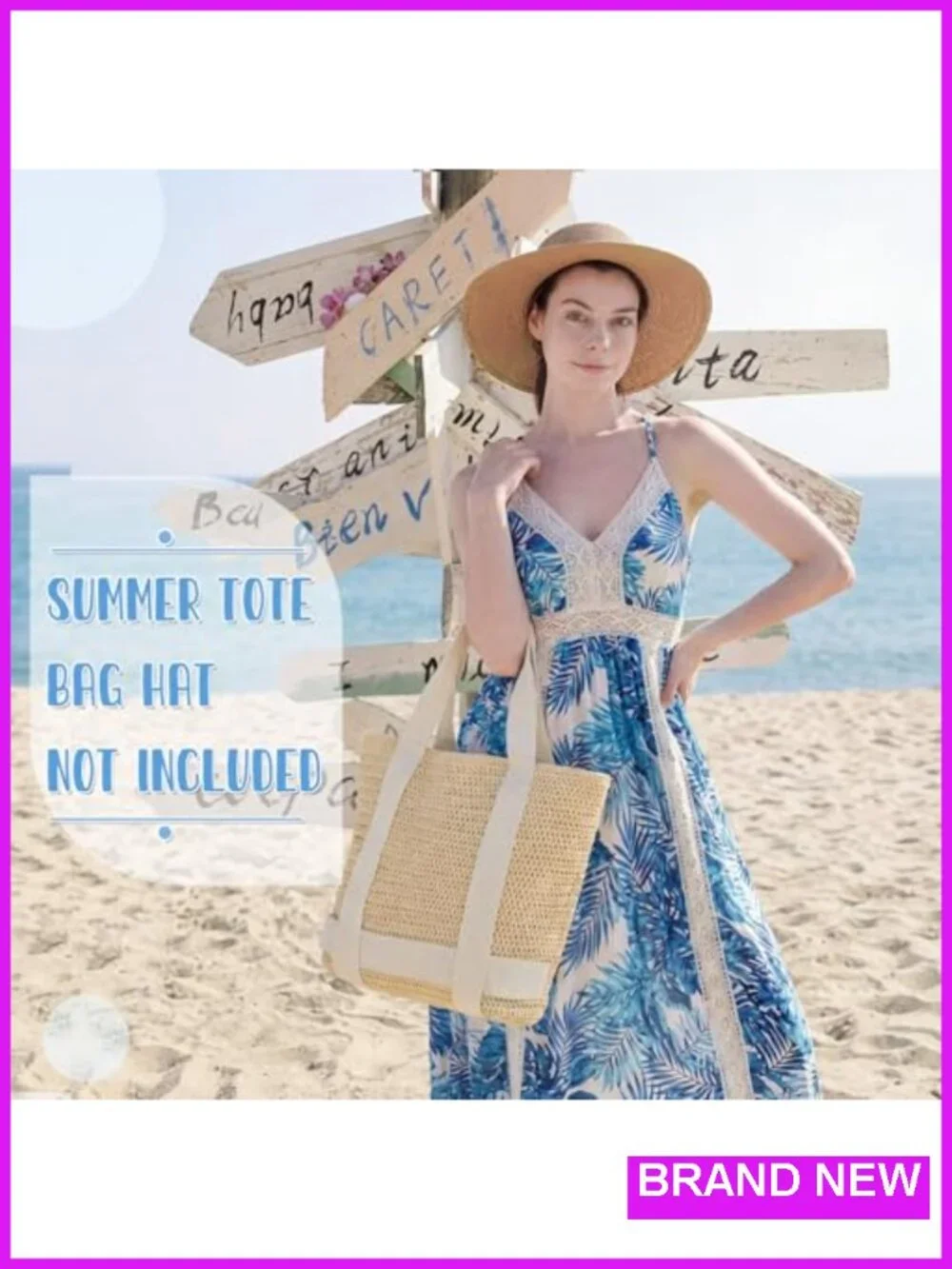 Large Straw Beach Tote Bag with Sun Hat Holder Woven Shoulder Bag Zipper